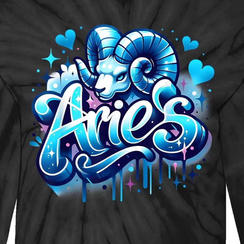 Blue Aries Zodiac Star Sign Tie-Dye Long Sleeve Shirt