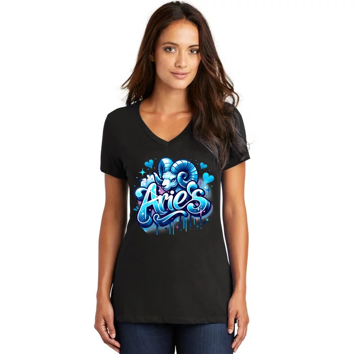 Blue Aries Zodiac Star Sign Women's V-Neck T-Shirt