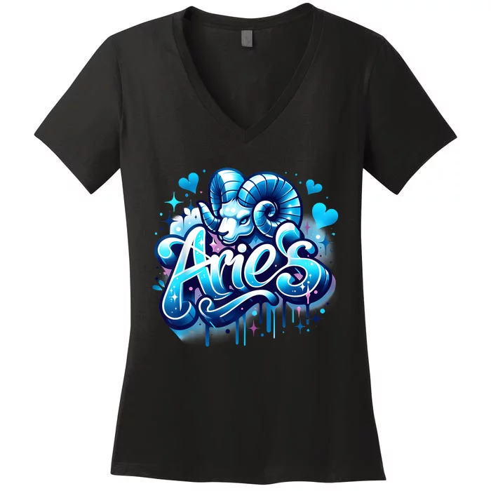 Blue Aries Zodiac Star Sign Women's V-Neck T-Shirt