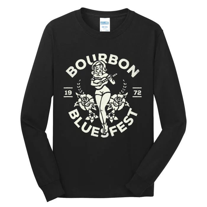 Bourbon Bluesfest 1972 Vintage Pinup Girl Playing Guitar Tall Long Sleeve T-Shirt