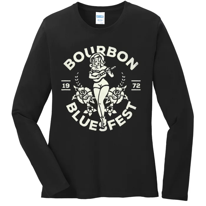 Bourbon Bluesfest 1972 Vintage Pinup Girl Playing Guitar Ladies Long Sleeve Shirt