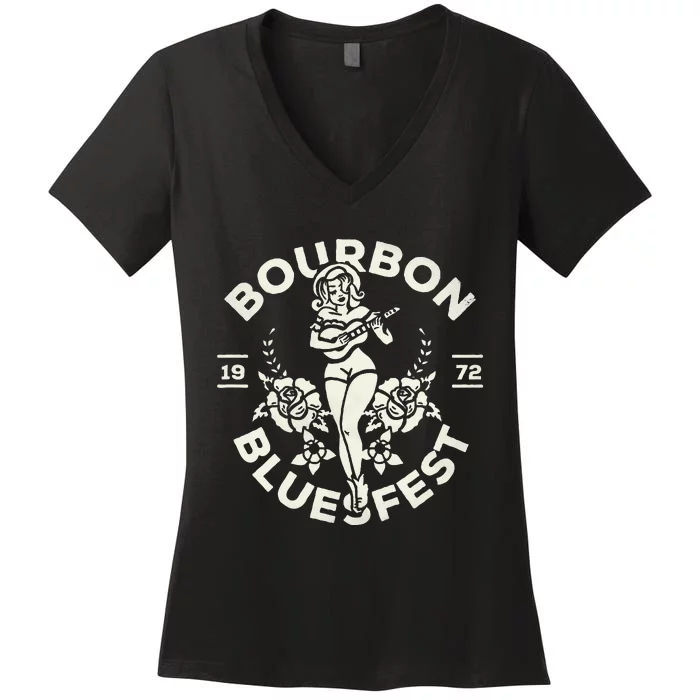 Bourbon Bluesfest 1972 Vintage Pinup Girl Playing Guitar Women's V-Neck T-Shirt