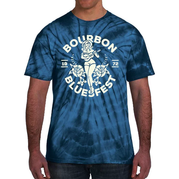 Bourbon Bluesfest 1972: Vintage Pinup Girl Playing Guitar Tie-Dye T-Shirt