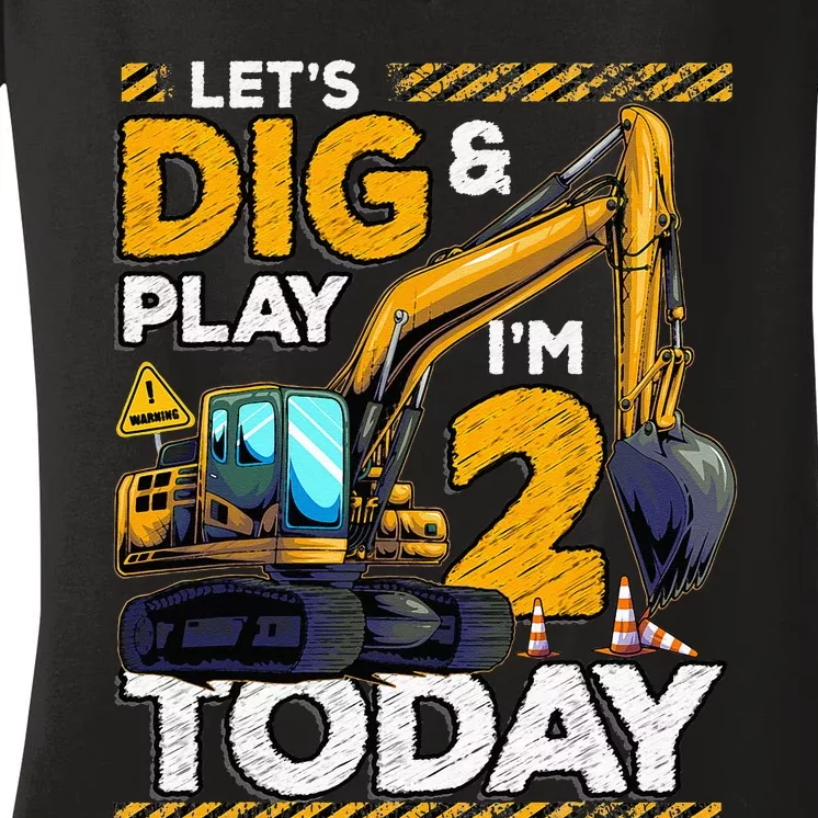 Birthday Boy 2 Construction 2nd Birthday Excavator Birthday Women's V-Neck T-Shirt