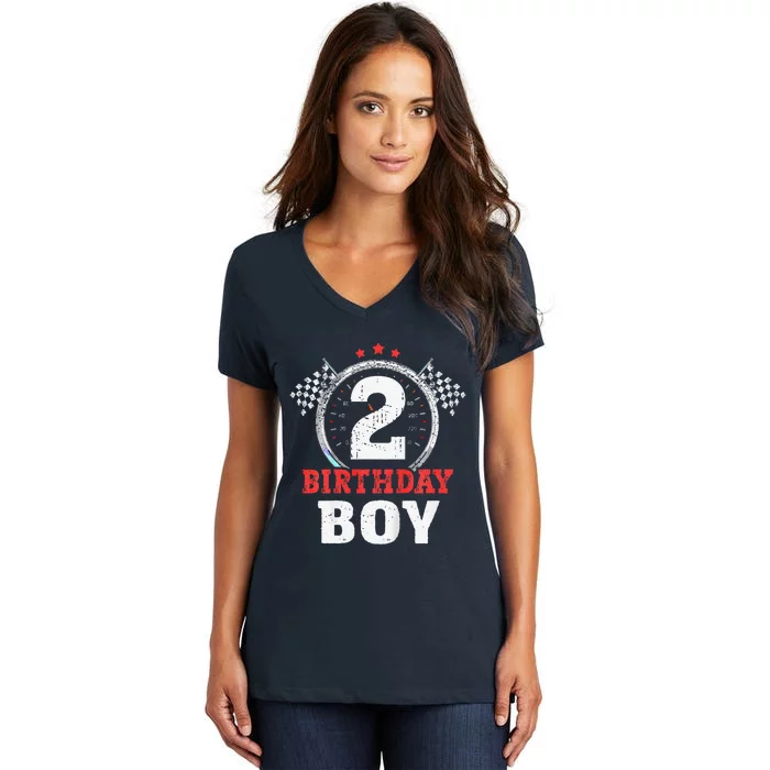 Birthday Boy 2 Two Race Car 2nd Birthday Racing Car Driver Women's V-Neck T-Shirt