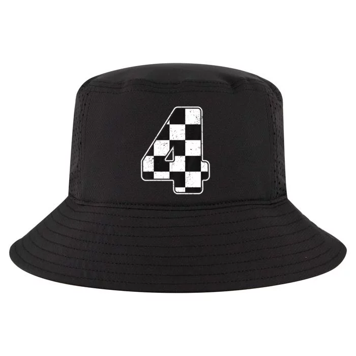 Birthday Boy 4 Four Race Car 4th Birthday Racing Car Flag Cool Comfort Performance Bucket Hat