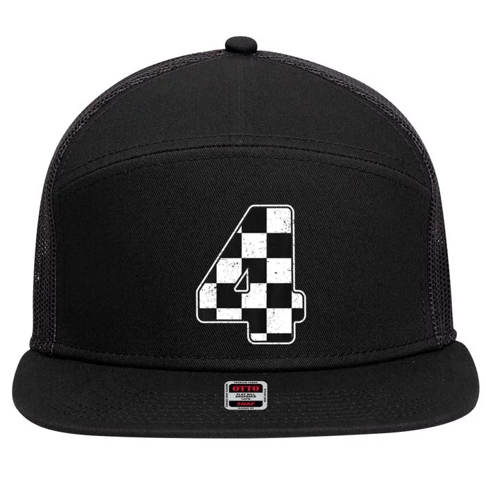 Birthday Boy 4 Four Race Car 4th Birthday Racing Car Flag 7 Panel Mesh Trucker Snapback Hat