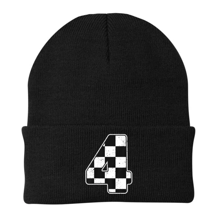 Birthday Boy 4 Four Race Car 4th Birthday Racing Car Flag Knit Cap Winter Beanie