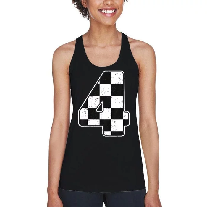 Birthday Boy 4 Four Race Car 4th Birthday Racing Car Flag Women's Racerback Tank