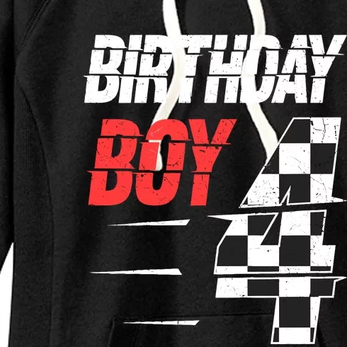 Birthday Boy 4 Four Racing Flag 4th Birthday Race Car Women's Fleece Hoodie