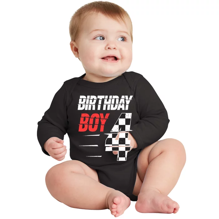 Birthday Boy 4 Four Racing Flag 4th Birthday Race Car Baby Long Sleeve Bodysuit