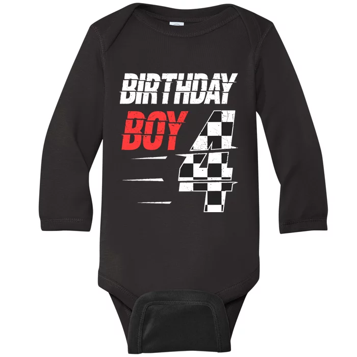 Birthday Boy 4 Four Racing Flag 4th Birthday Race Car Baby Long Sleeve Bodysuit