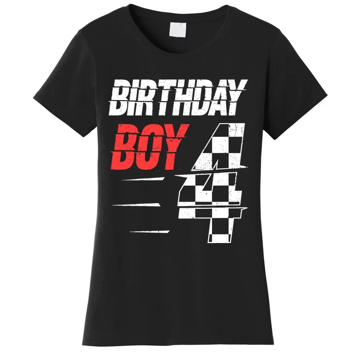 Birthday Boy 4 Four Racing Flag 4th Birthday Race Car Women's T-Shirt