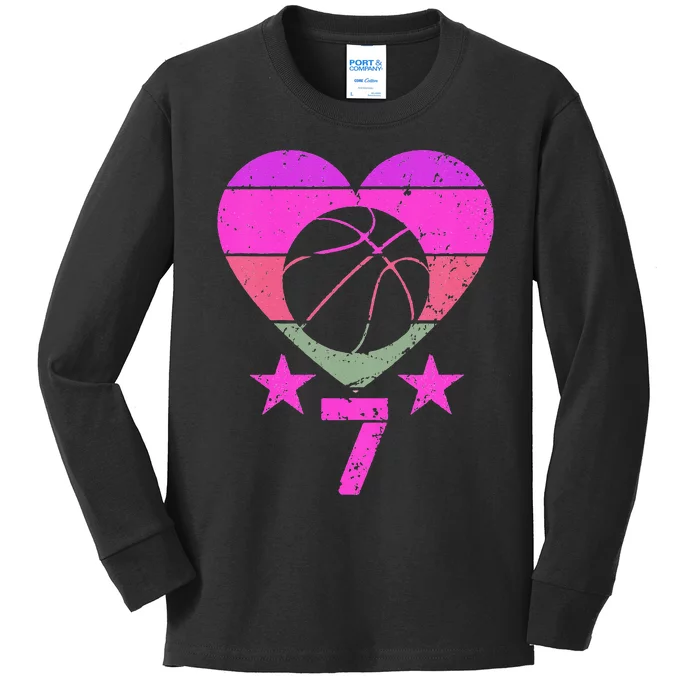 Basketball Birthday 7 Year Old Seventh 7th Birthday Kids Long Sleeve Shirt