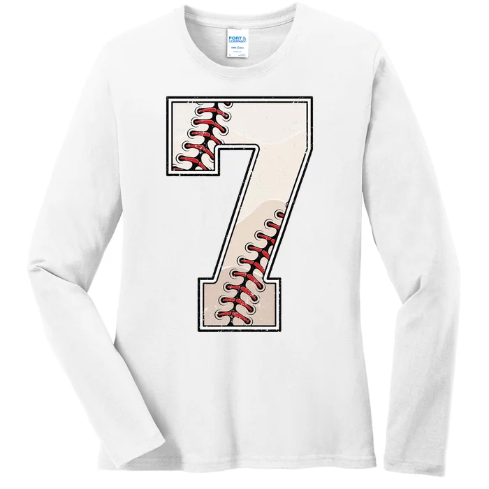 Baseball Birthday 7 Seven Years Old 7th Bday Party Ladies Long Sleeve Shirt