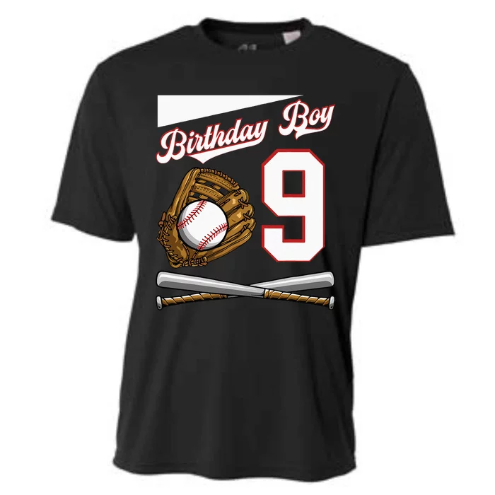 Birthday Boy 9 Party Cake Baseball Field Bat Catch Homerun Cooling Performance Crew T-Shirt