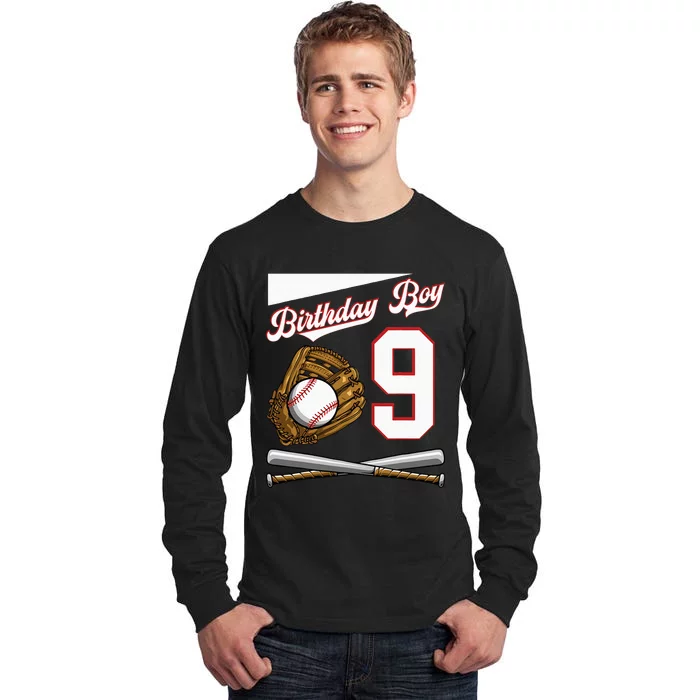 Birthday Boy 9 Party Cake Baseball Field Bat Catch Homerun Tall Long Sleeve T-Shirt