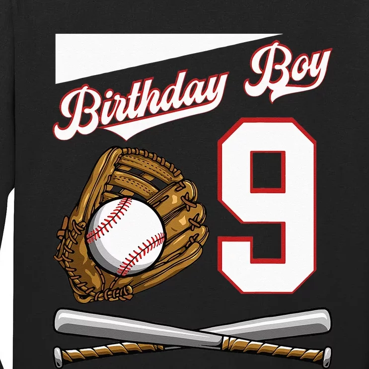 Birthday Boy 9 Party Cake Baseball Field Bat Catch Homerun Tall Long Sleeve T-Shirt