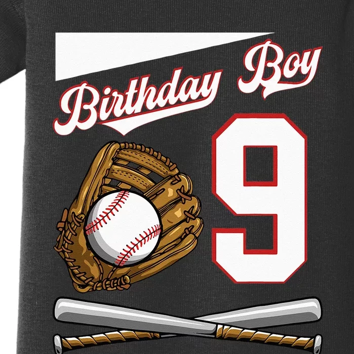 Birthday Boy 9 Party Cake Baseball Field Bat Catch Homerun Baby Bodysuit