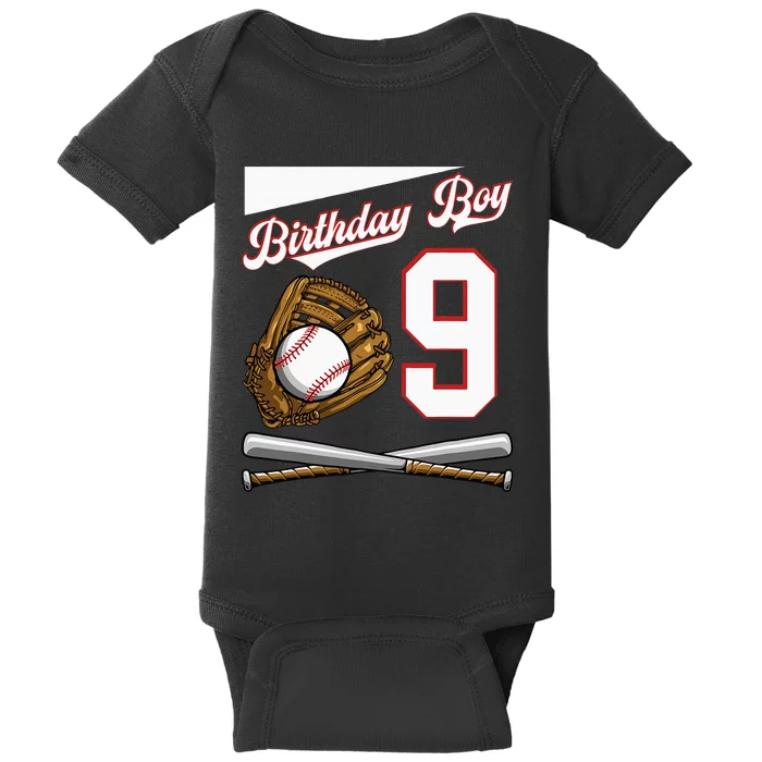 Birthday Boy 9 Party Cake Baseball Field Bat Catch Homerun Baby Bodysuit