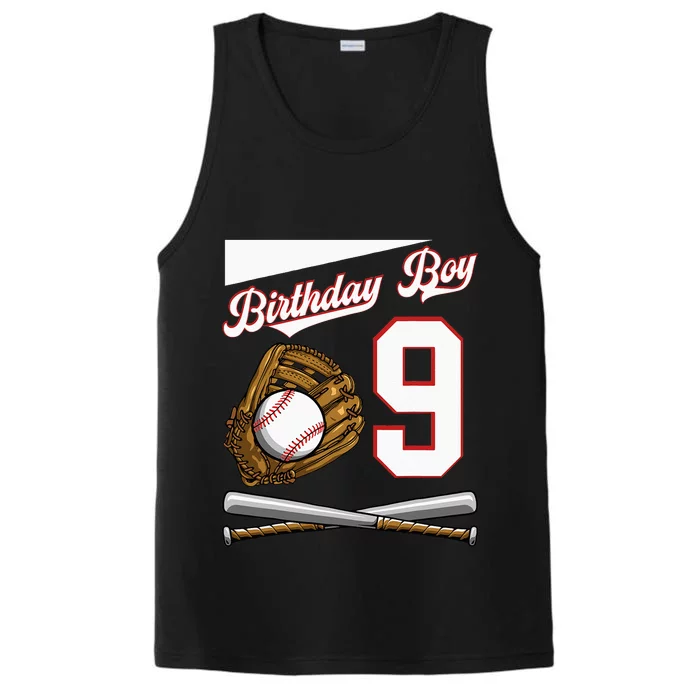 Birthday Boy 9 Party Cake Baseball Field Bat Catch Homerun Performance Tank