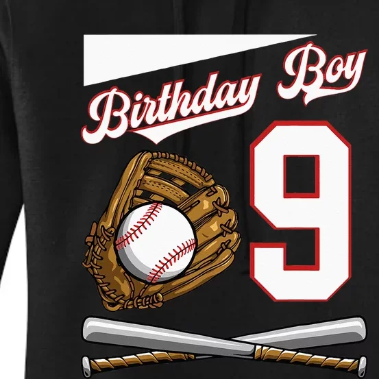 Birthday Boy 9 Party Cake Baseball Field Bat Catch Homerun Women's Pullover Hoodie