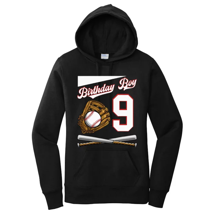 Birthday Boy 9 Party Cake Baseball Field Bat Catch Homerun Women's Pullover Hoodie