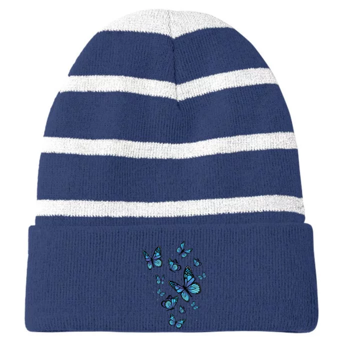 Blue Butterfly Art Garden Beautiful Butterflies Striped Beanie with Solid Band