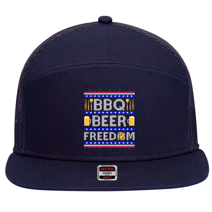 Bbq Beer And Freedom! Ugly Sweater Xmas Deisgn Funny Gift 7 Panel Mesh Trucker Snapback Hat