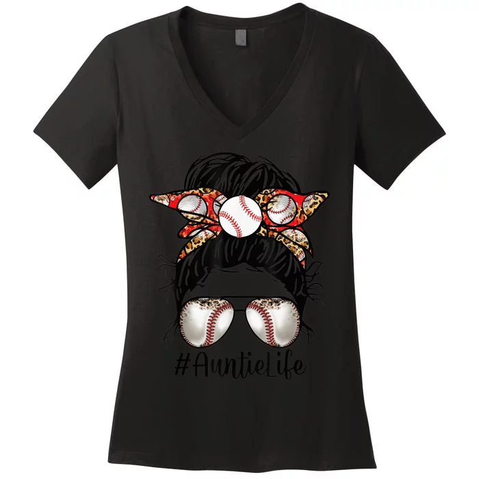 Bleached Baseball Auntie Life Messy Bun Game Day Mothers Day Women's V-Neck T-Shirt