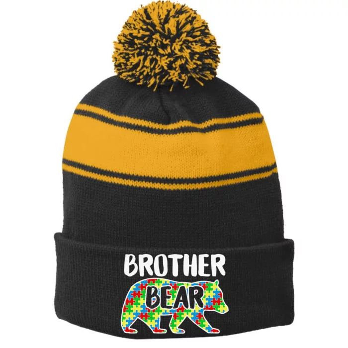 Brother Bear Autism Awareness Month Family Support Stripe Pom Pom Beanie