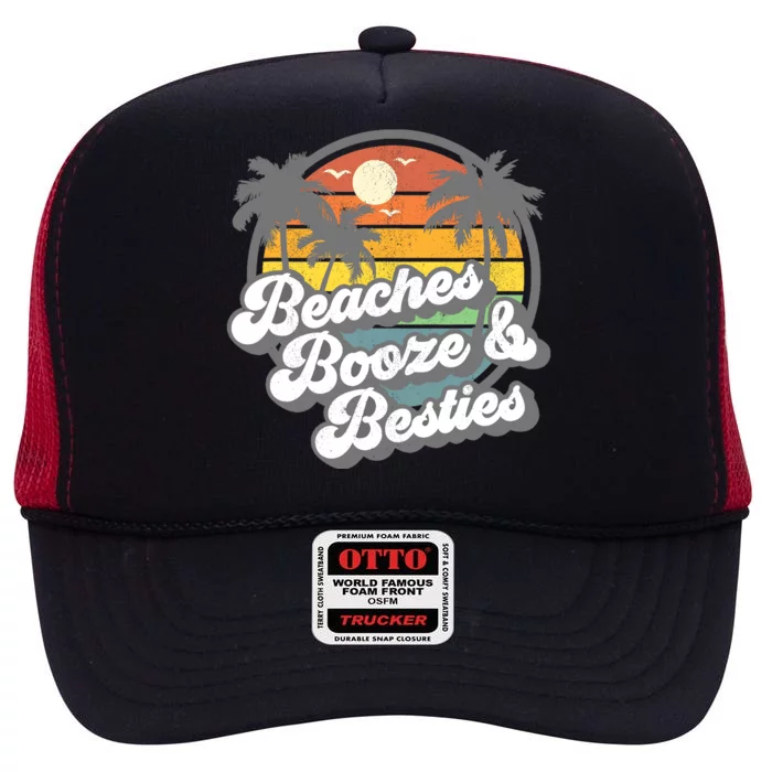 Beaches Booze and Besties Funny Retro 70s Beach Wo Gift High Crown Mesh Trucker Hat