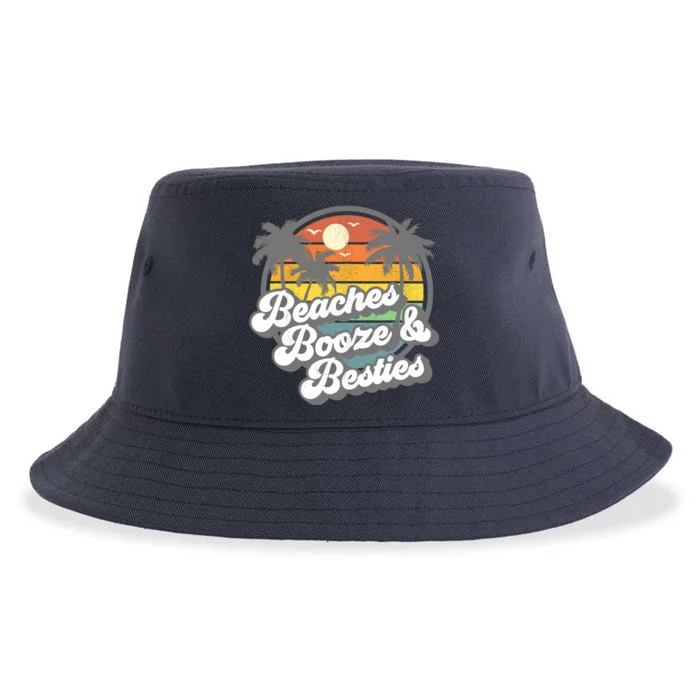 Beaches Booze and Besties Funny Retro 70s Beach Wo Gift Sustainable Bucket Hat