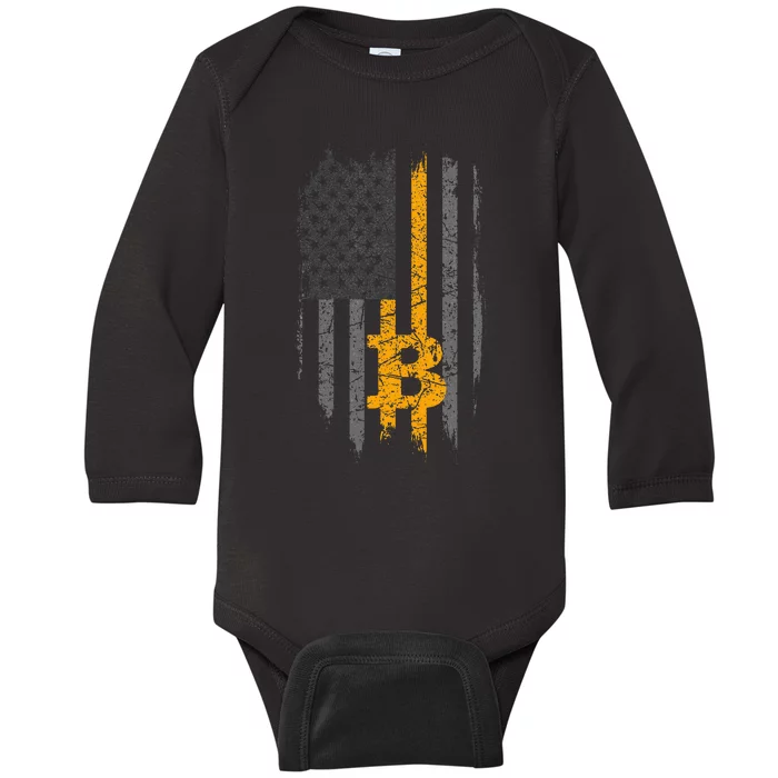 Btc Bitcoin American Flag Crypto Revolution Buy The Dip Baby Long Sleeve Bodysuit