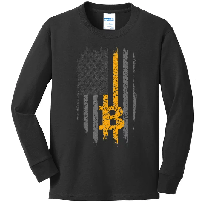 Btc Bitcoin American Flag Crypto Revolution Buy The Dip Kids Long Sleeve Shirt