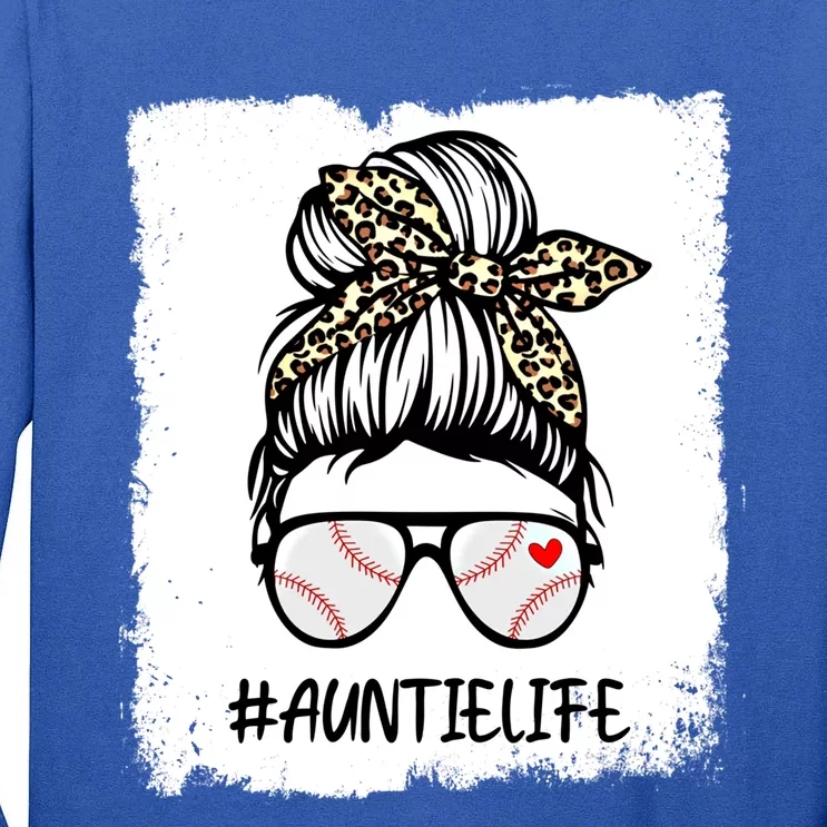 Bleached Baseball Auntie Life Leopard Messy Bun Game Day Cool Gift Tall Long Sleeve T-Shirt