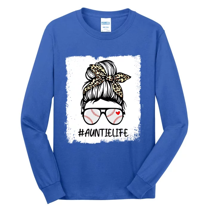 Bleached Baseball Auntie Life Leopard Messy Bun Game Day Cool Gift Tall Long Sleeve T-Shirt