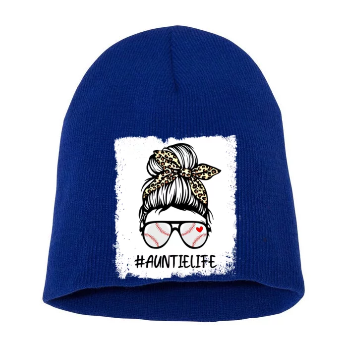 Bleached Baseball Auntie Life Leopard Messy Bun Game Day Cool Gift Short Acrylic Beanie