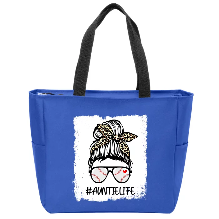 Bleached Baseball Auntie Life Leopard Messy Bun Game Day Cool Gift Zip Tote Bag