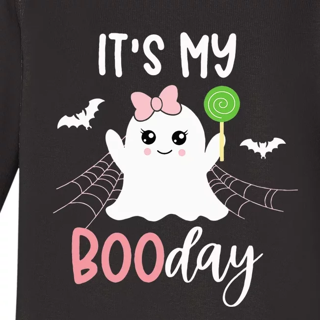 Bootiful Birthday Adorable Halloween Ghost with Pink Bow Baby Long Sleeve Bodysuit