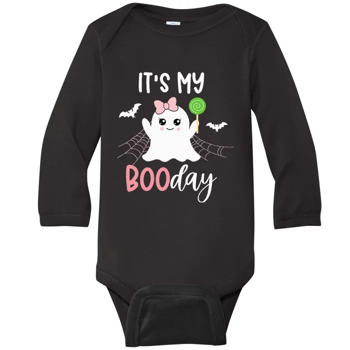 Bootiful Birthday Adorable Halloween Ghost with Pink Bow Baby Long Sleeve Bodysuit