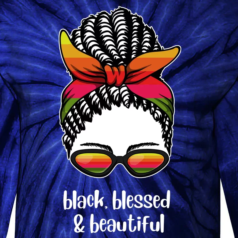 Black Blessed And Beautiful Hair Bun Tie-Dye Long Sleeve Shirt