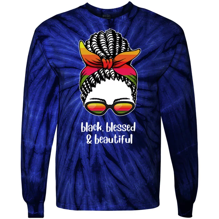 Black Blessed And Beautiful Hair Bun Tie-Dye Long Sleeve Shirt