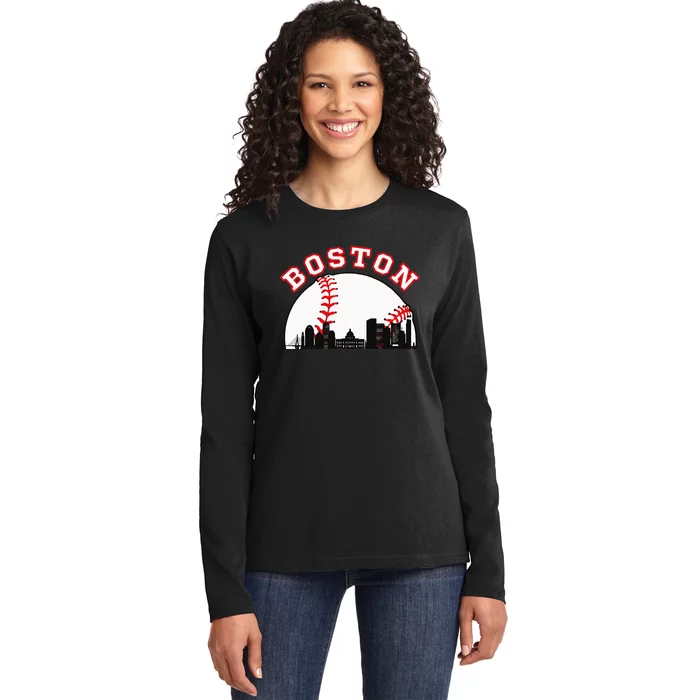 Boston Baseball Boston MA Cityscape BOS Skyline Ladies Long Sleeve Shirt