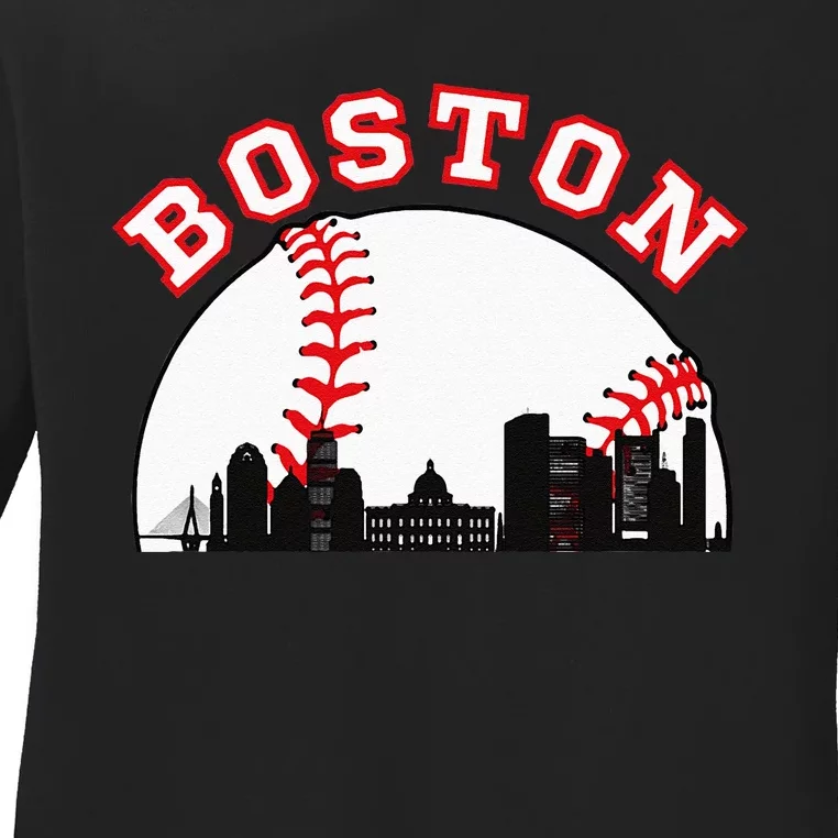 Boston Baseball Boston MA Cityscape BOS Skyline Ladies Long Sleeve Shirt