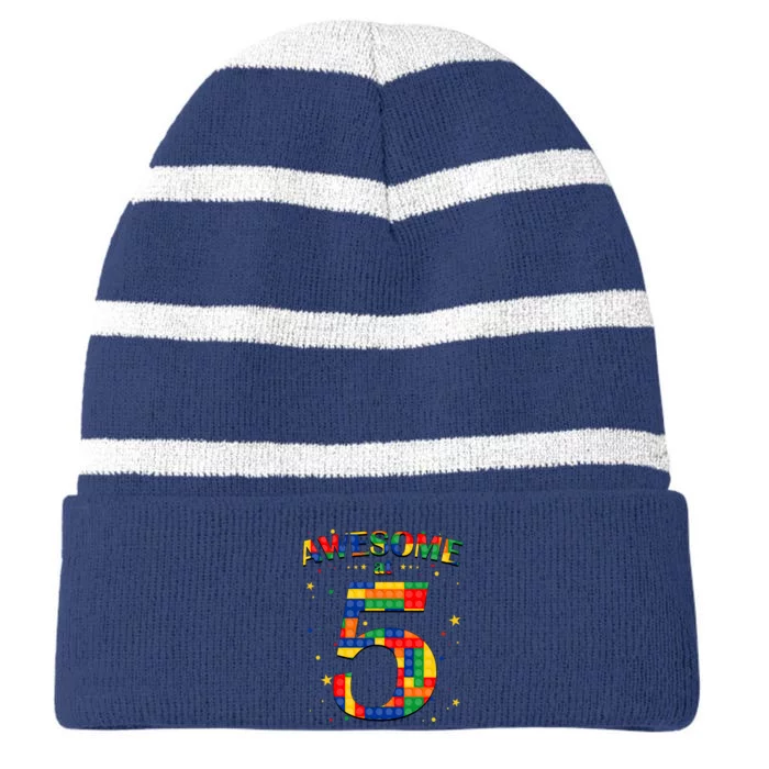 Building Blocks Bricks Awesome At 5 Years Old Birthday Boy Striped Beanie with Solid Band