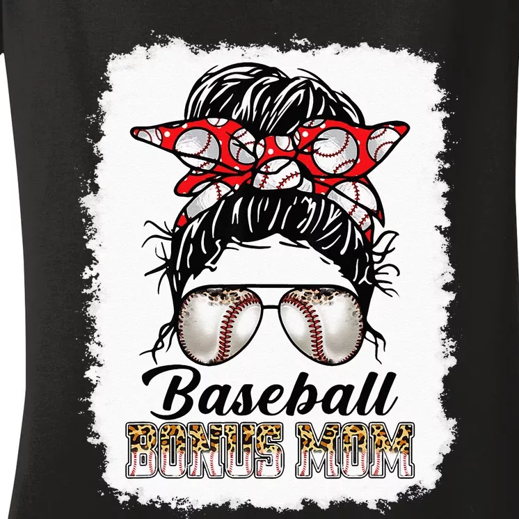 Bleached Baseball Bonus Mom Messy Bun Game Day Mothers Day Women's V-Neck T-Shirt