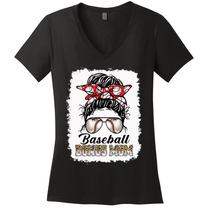 Bleached Baseball Bonus Mom Messy Bun Game Day Mothers Day Women's V-Neck T-Shirt