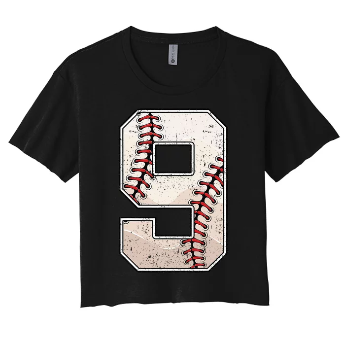 Baseball Birthday Boy Nine 9 Years Old Ninth 9th Bday Party Women's Crop Top Tee