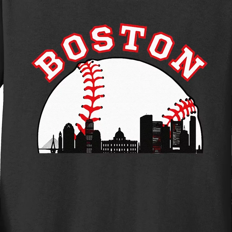 Boston Baseball Boston MA Cityscape BOS Skyline Kids Long Sleeve Shirt